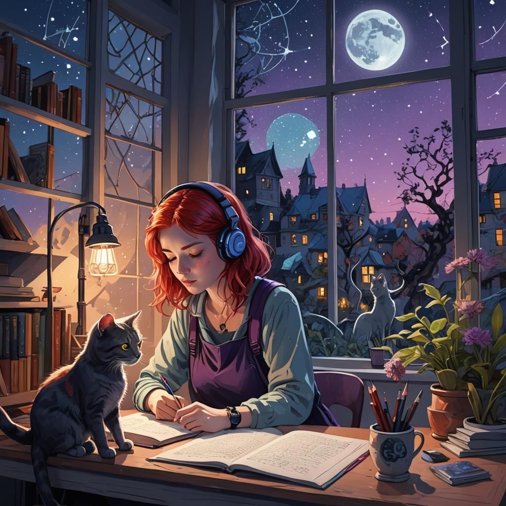 Lofi Girl in Whimsical Study Scene Under Starry Night Sky
