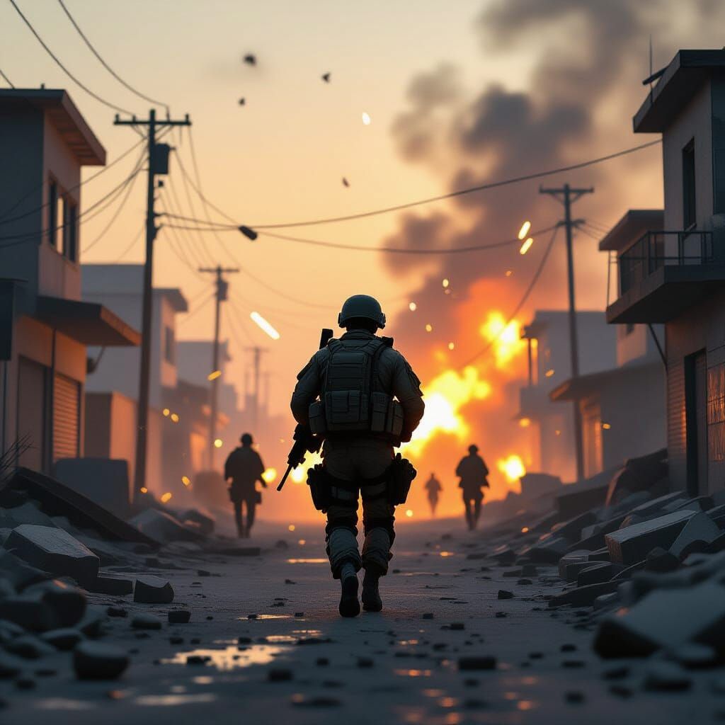 Tactical Soldier in Explosive War Zone