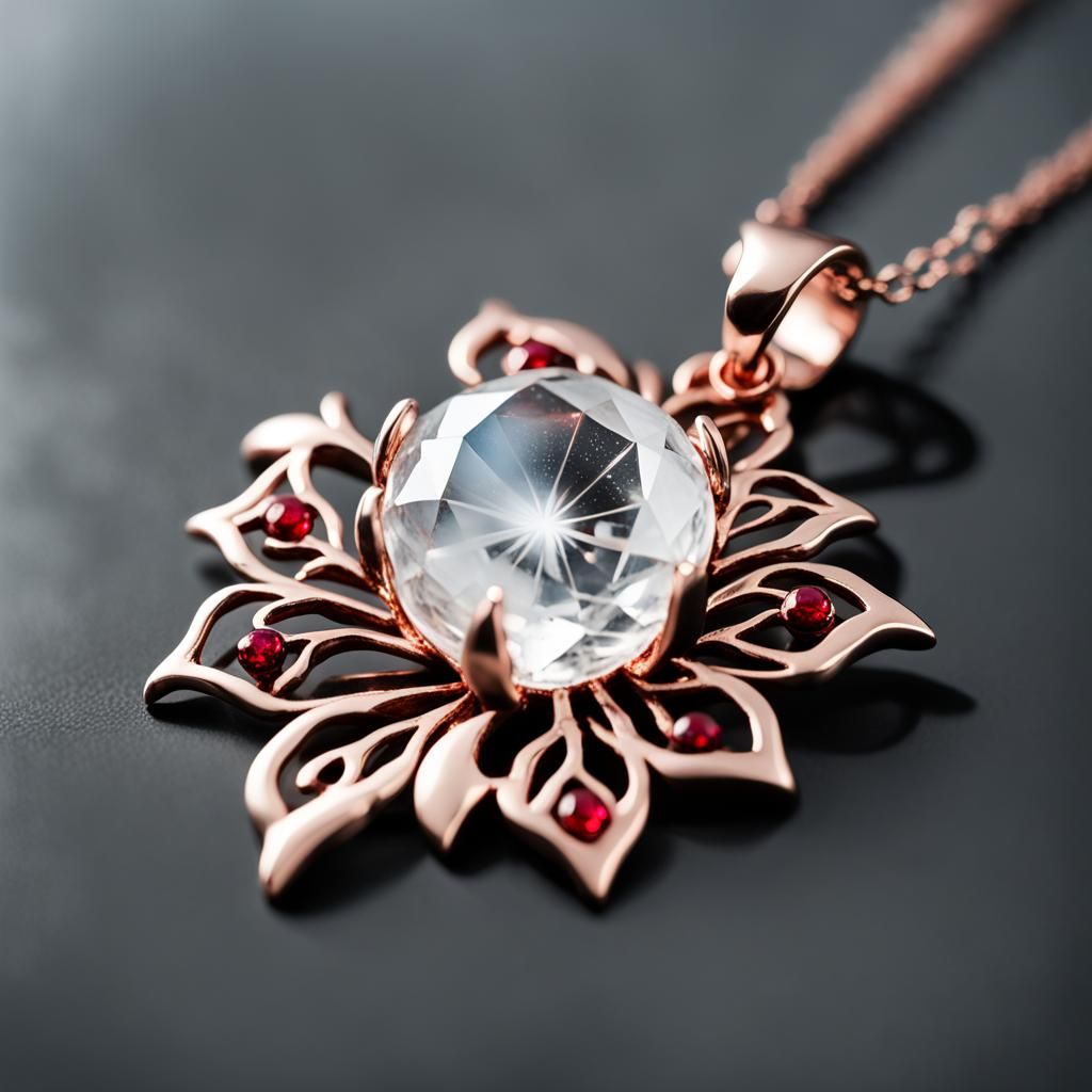 Ethereal gothic rose gold necklace with clear Quartz crystal pendant with red spots& ethereal vibes& beautiful craftsman...