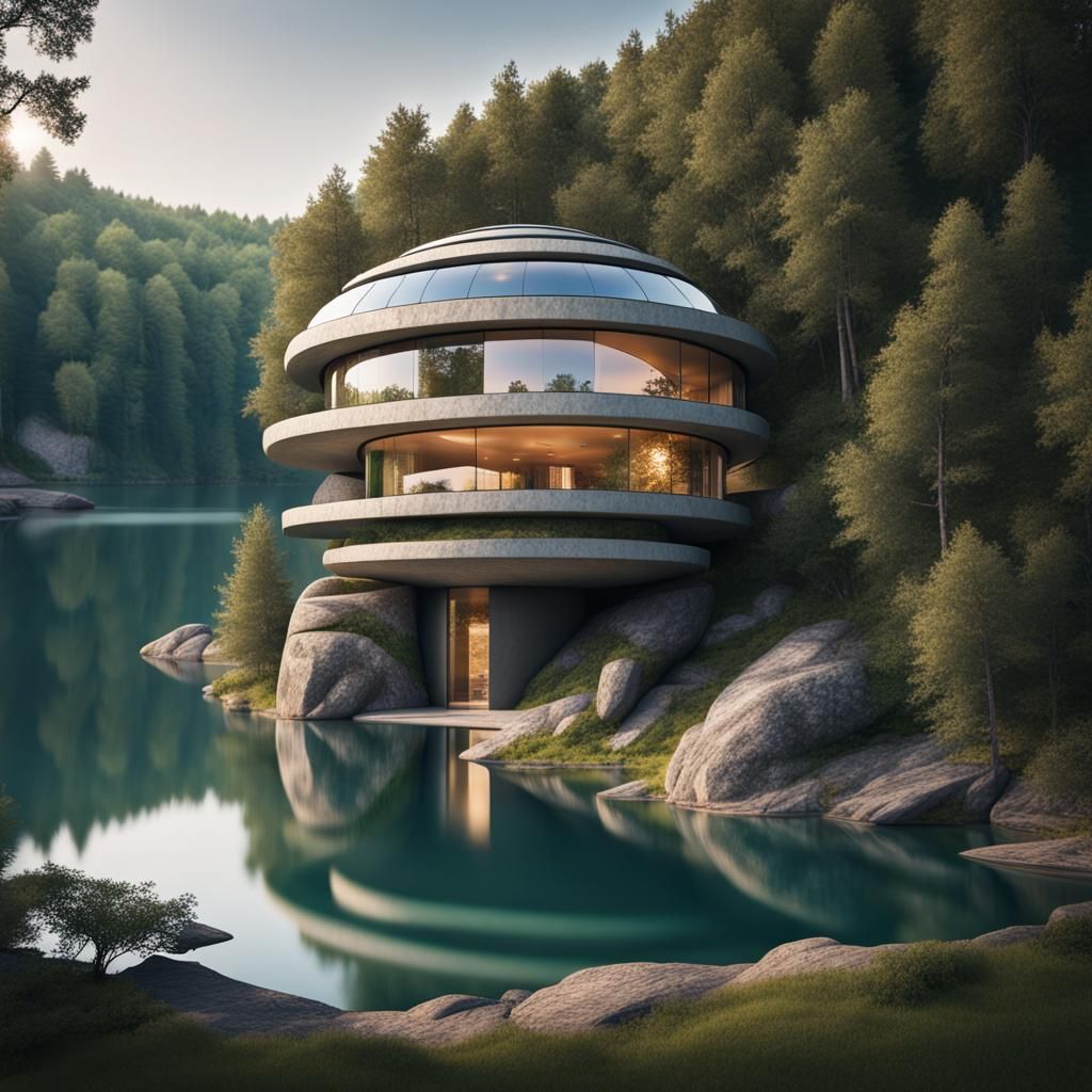 Futuristic Spiral Rock House in Forest: Photo