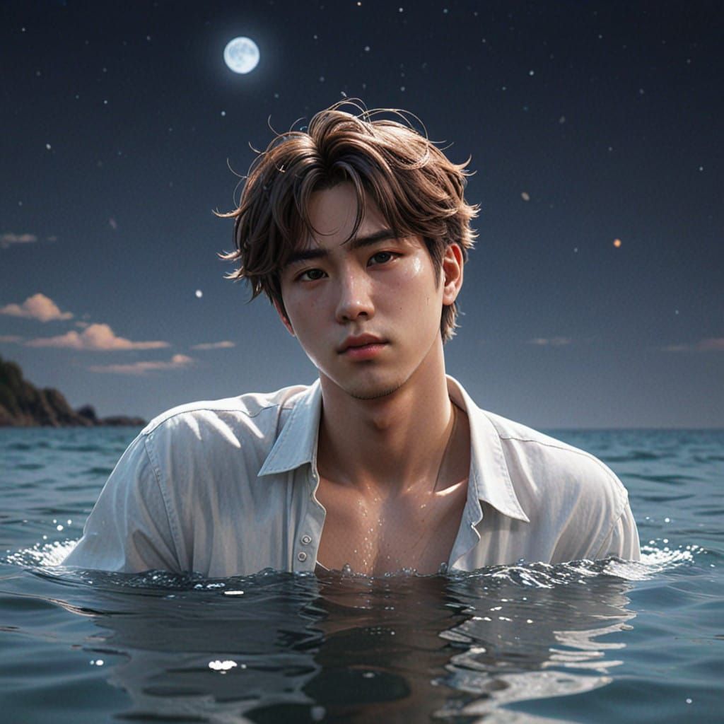 Anime-Inspired BTS Jin in Moonlit Ocean