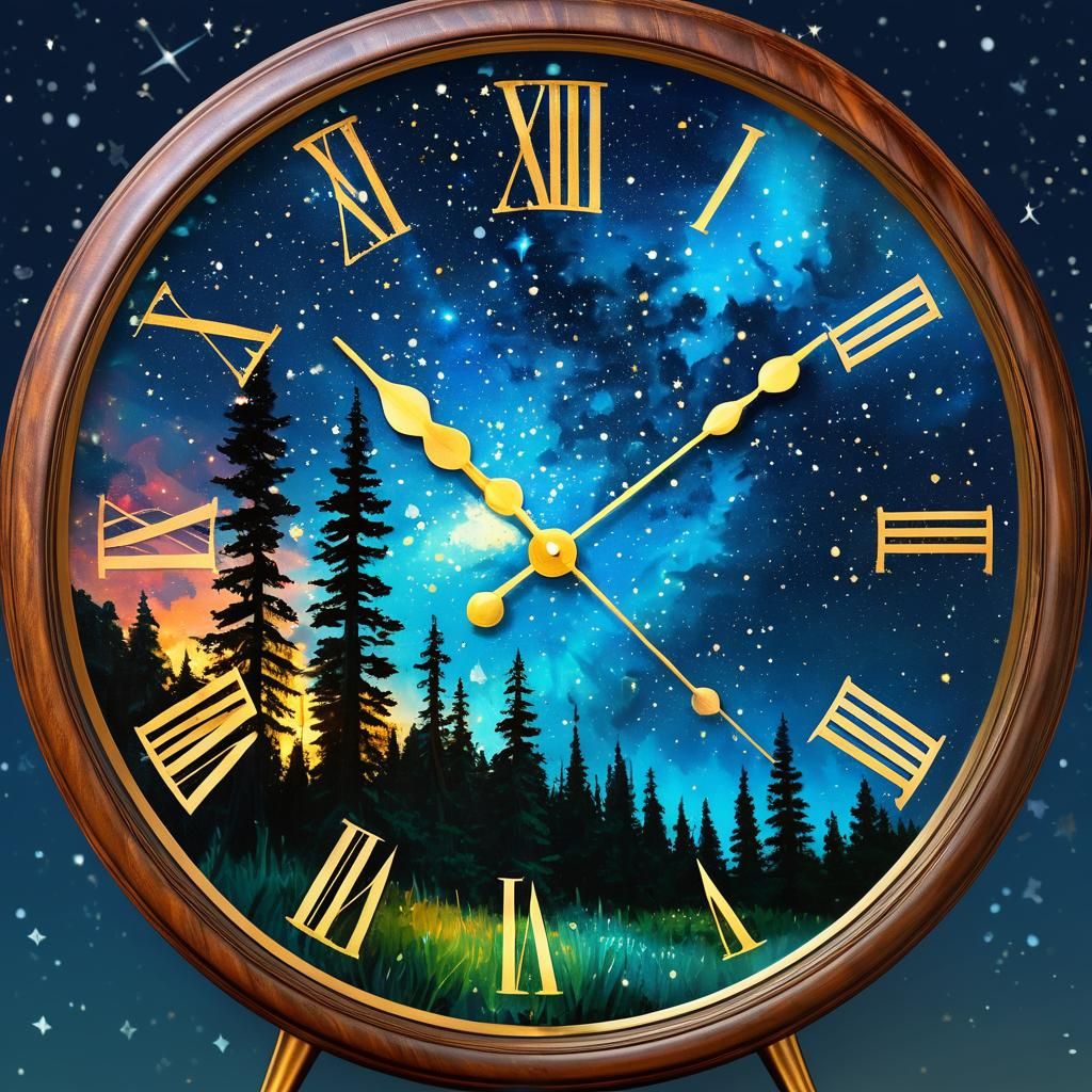 Clock Double Exposure: Starry Night Oil Painting