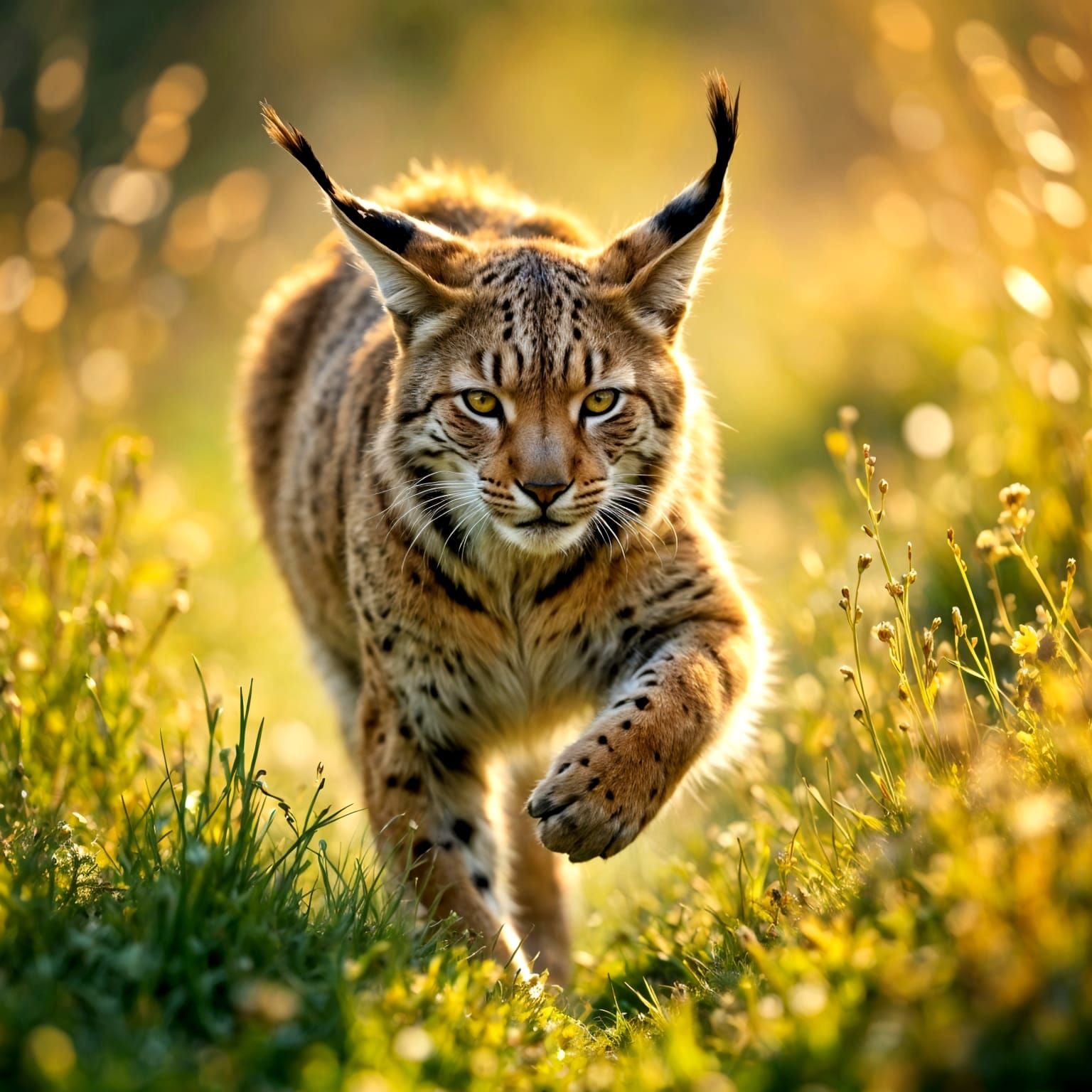 Graceful Lynx Chasing Through Sunny Grass