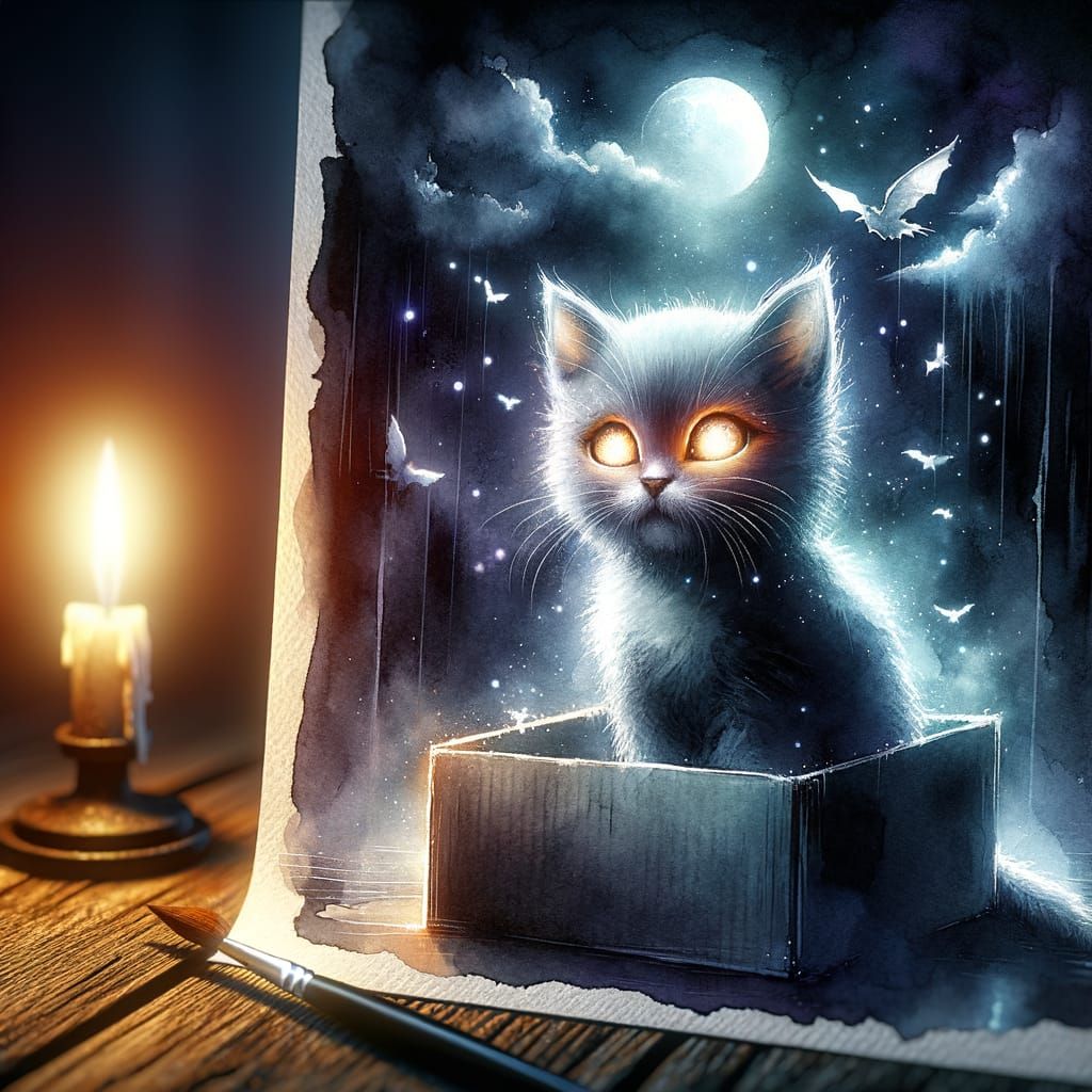 Ethereal Kitten with Glowing Eyes in Watercolor Style