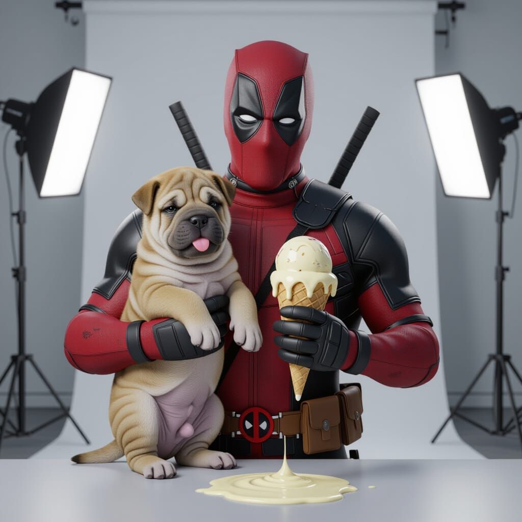 Deadpool and Puppy: Hyper-Realistic Family Portrait
