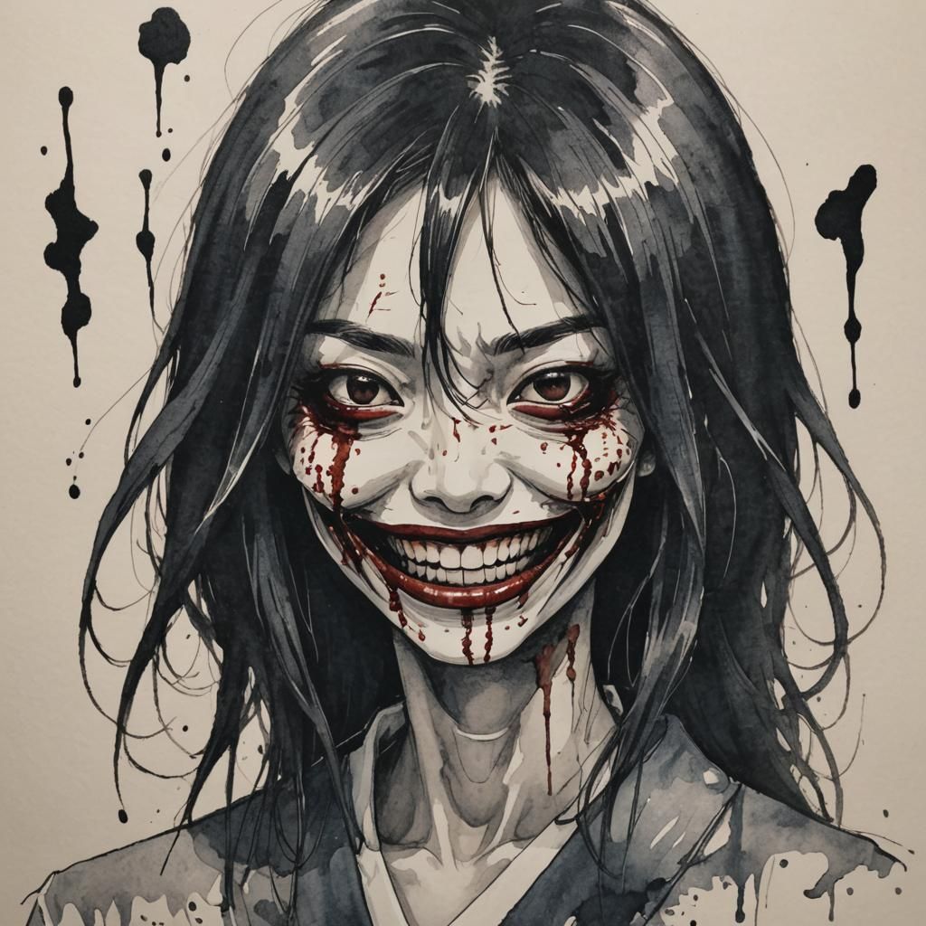 Creepy Kuchisake-onna Ink Portrait with Bleeding Smile
