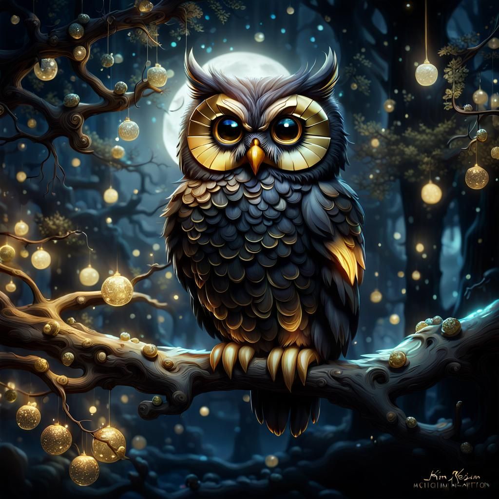 Adorable Golden Owl at Midnight, Digital Illustration