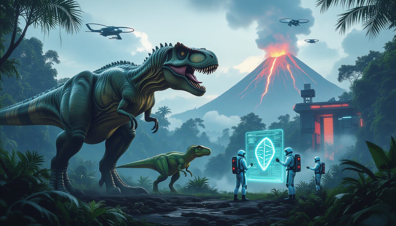 Hyper Realistic T-Rex Encounter with Futuristic Scientists