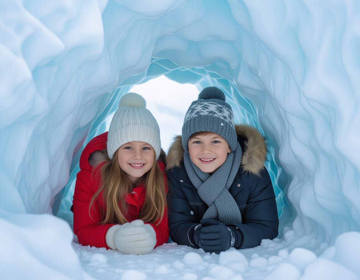 Boy and Girl Explore Realistic Snow Cave in Winter Wonderlan...