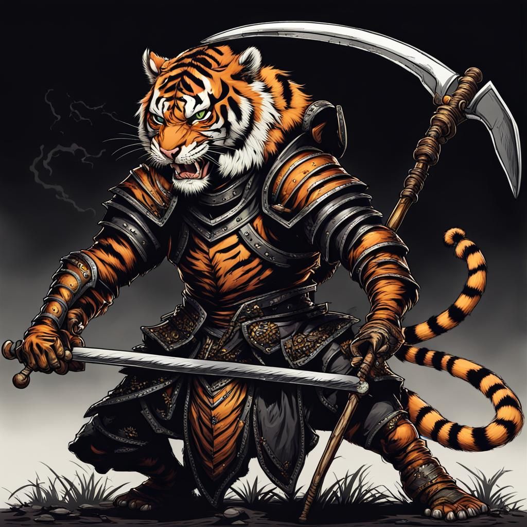 Tiger Knight Riding Ants with Scythe on Black