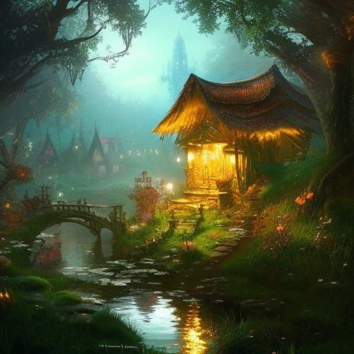 Enchanting Fairy Village in Summer Sunlight