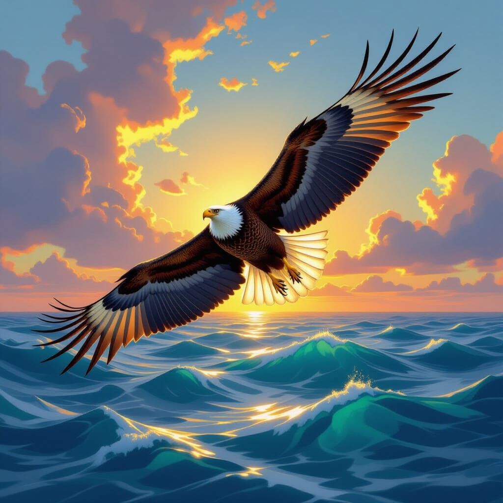 Majestic Eagle Soaring Over Azure Ocean at Sunset