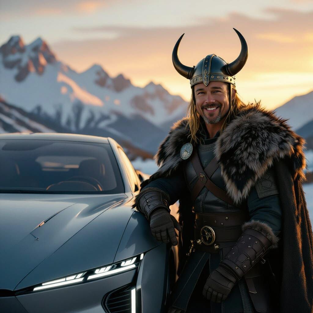 Brad Pitt as Viking Leaning on Electric Car in Mountains