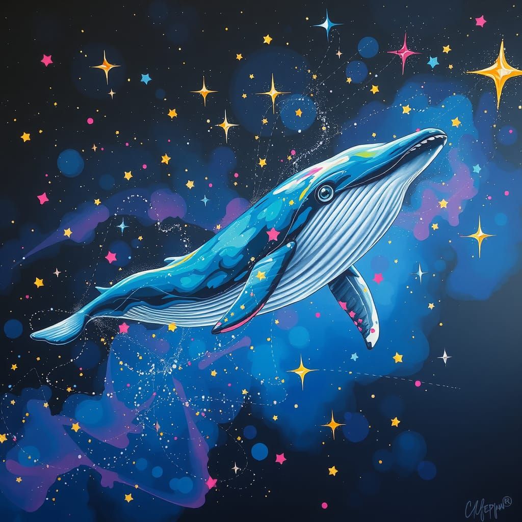 Whimsical Whale Soaring Through Starry Sky in Street Art Sty...