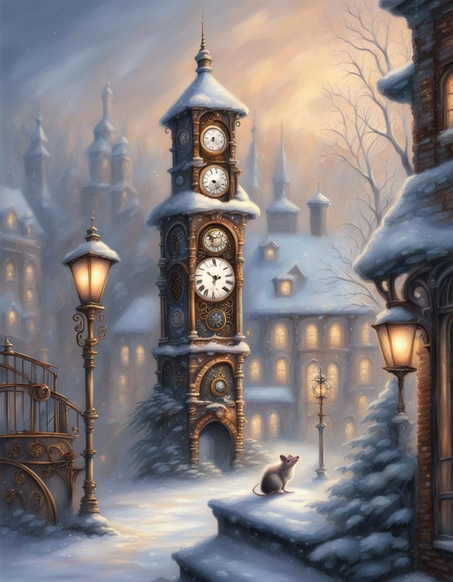 Mouse on Steampunk Clock Tower in Winter