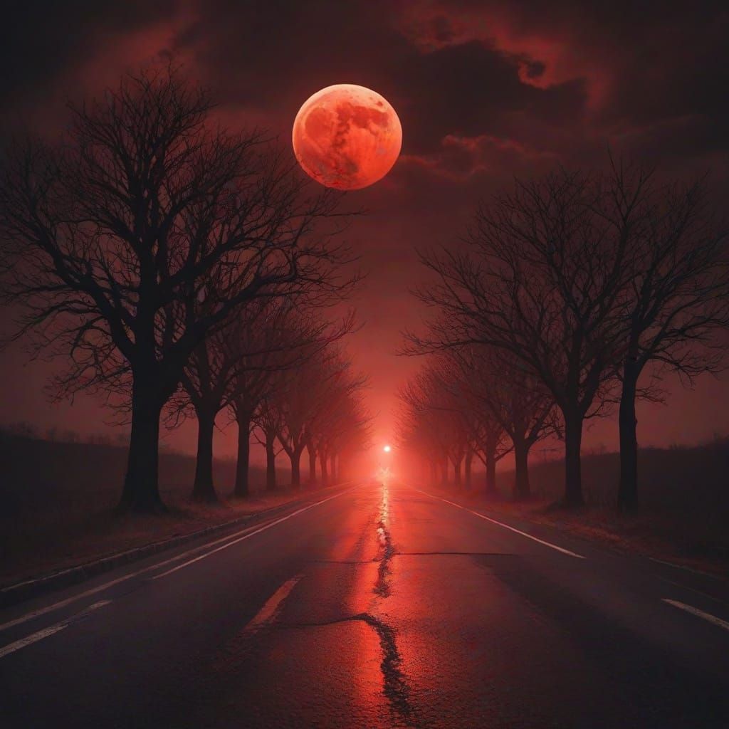 Highway Under Blood Moon in Dark Fantasy Style