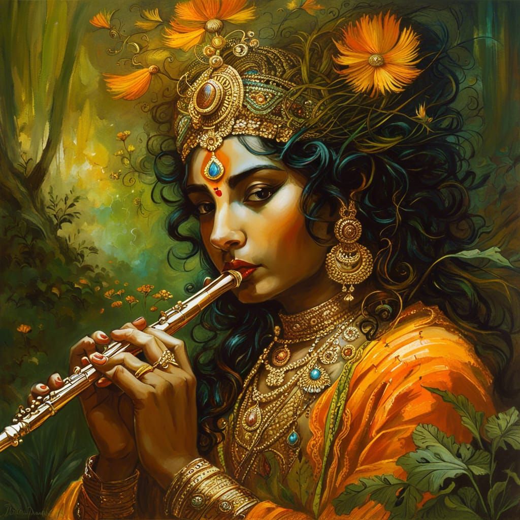 Lord Krishna in Golden Dress with Flute