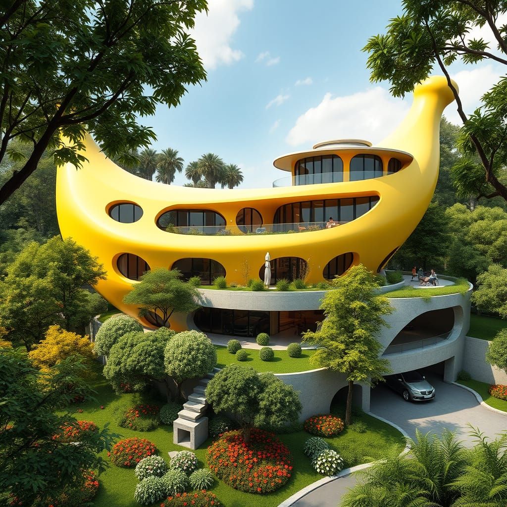 Banana-Shaped Futuristic Building with Lush Green Surroundin...