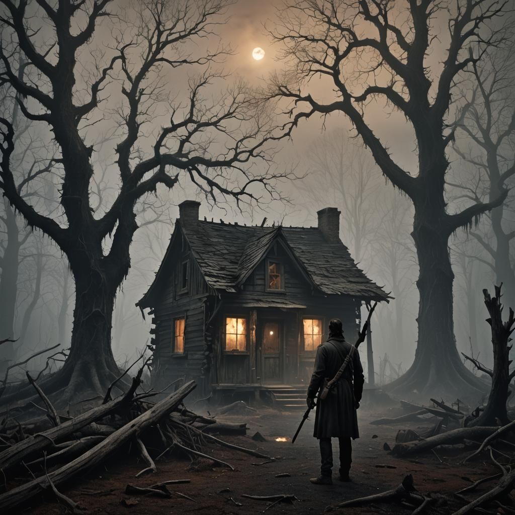 Ominous Forest Cabin in Dark Fantasy Horror Style