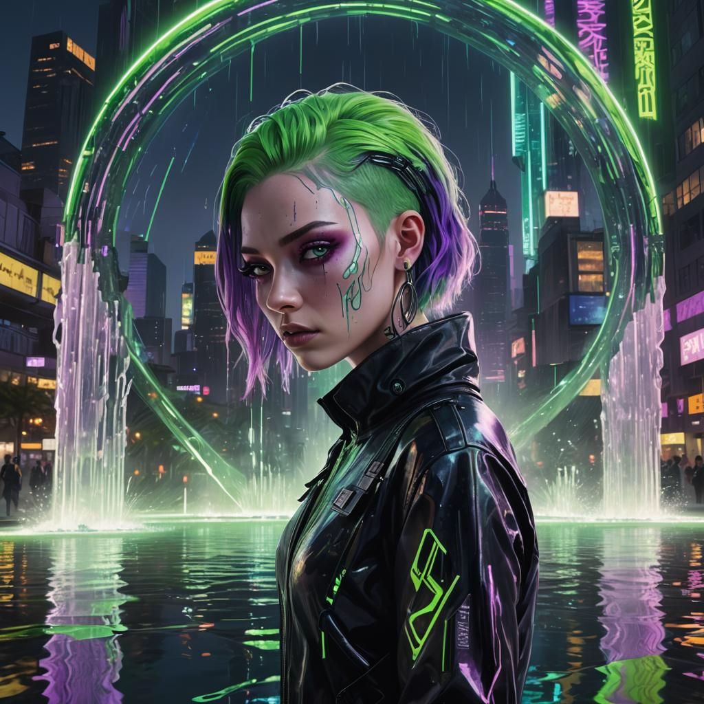 Cyberpunk Girl by Futuristic Fountain in Neon City