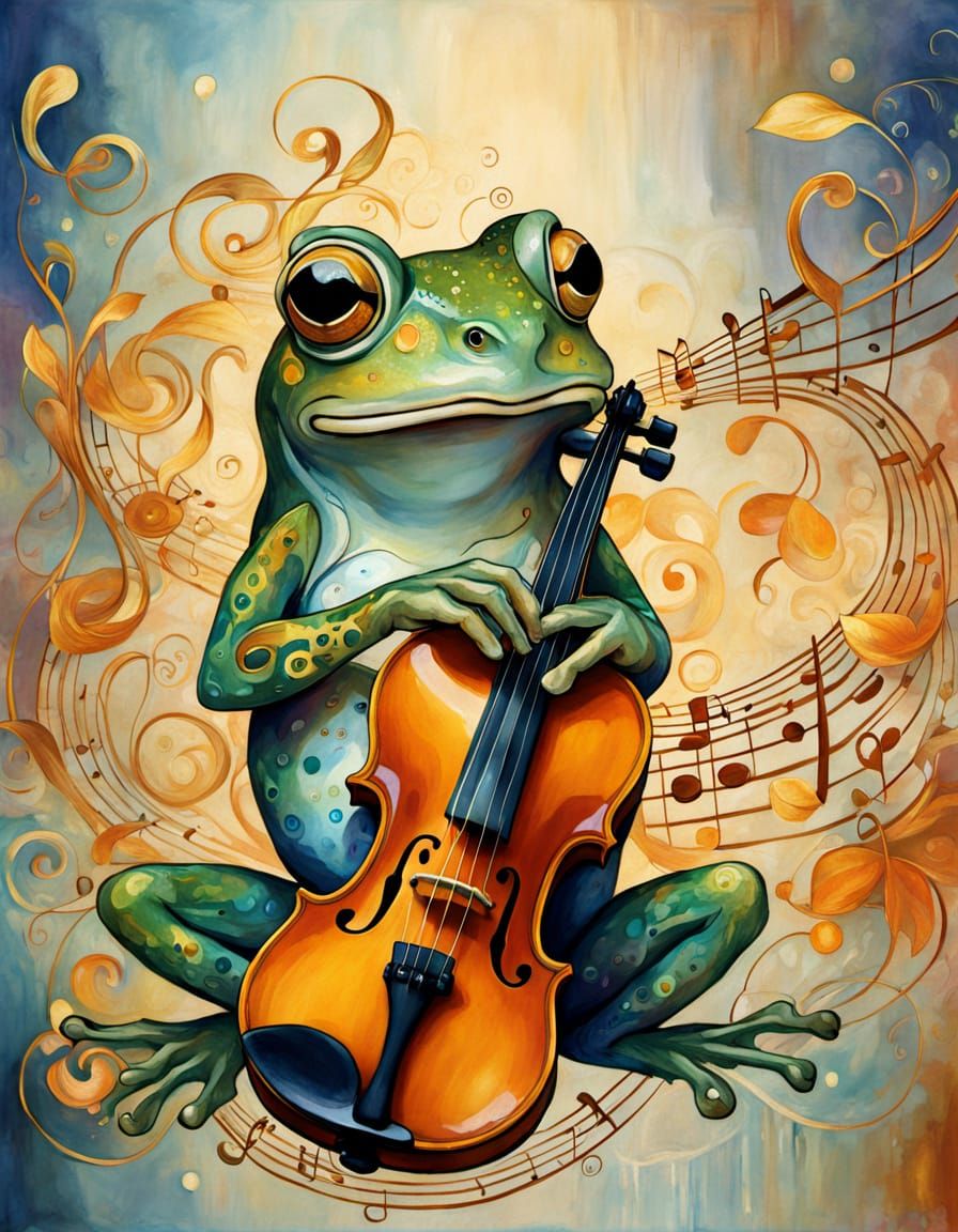 Gustav Klimt-Inspired Frog Violinist in Vibrant Splendor