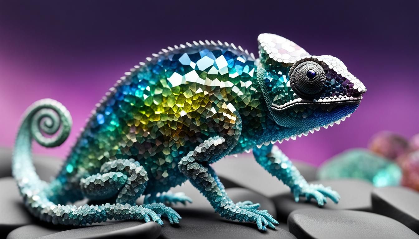 Crystal Chameleon Camouflaged in Gemstone Environment