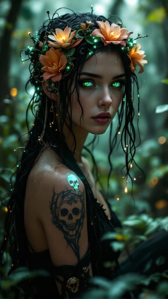 Enchanted Sorceress in Cyberpunk Nature