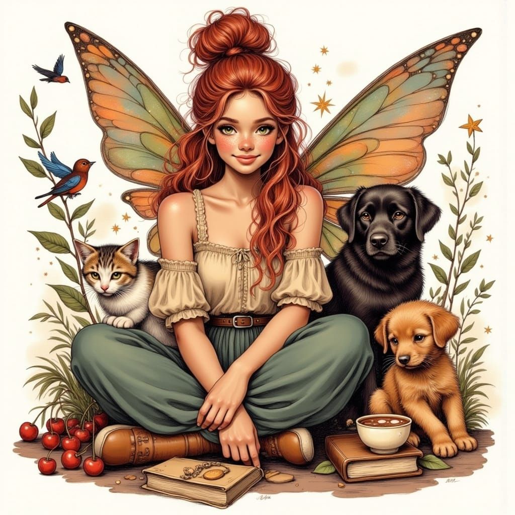 Fairy Women and Whimsical Felines in Airbrushed Cowboy Style