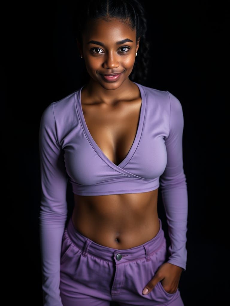Dominican Woman in Purple Outfit, Cinematic Portrait