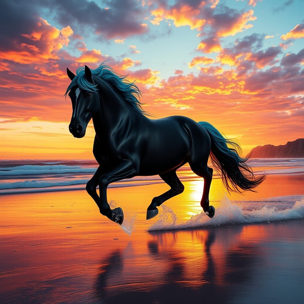 Black Horse With Turquoise Mane Gallops on Sunset Beach