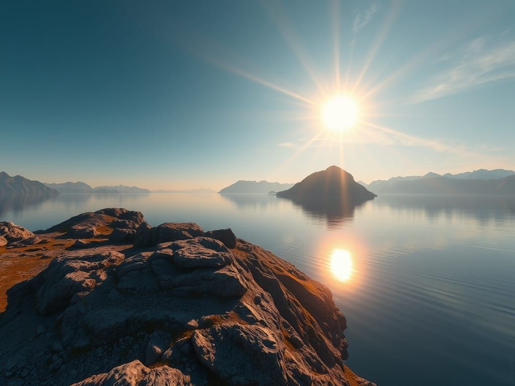 Surreal Sunset Mountain Lake Scene with Island