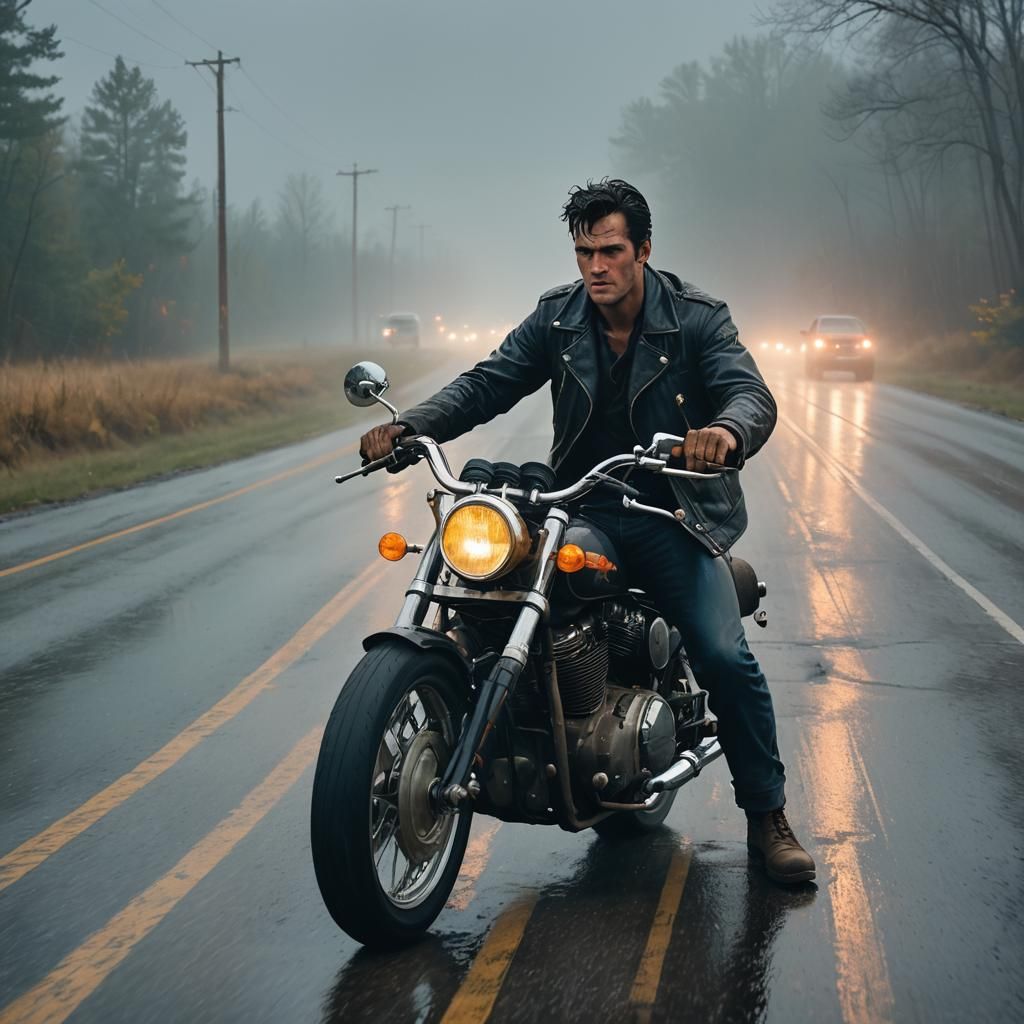 Young Ash Williams Rides Motorcycle on Highway