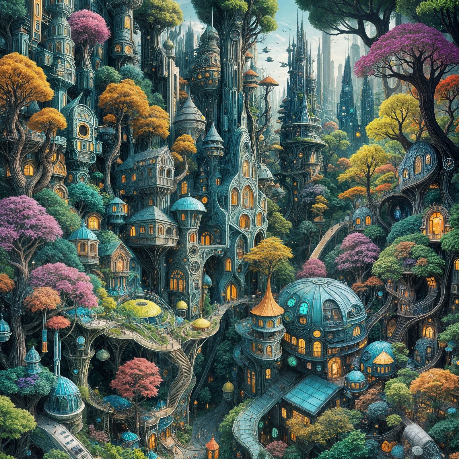 Surreal Sci-Fi Metropolis Amidst a Vibrant Forest