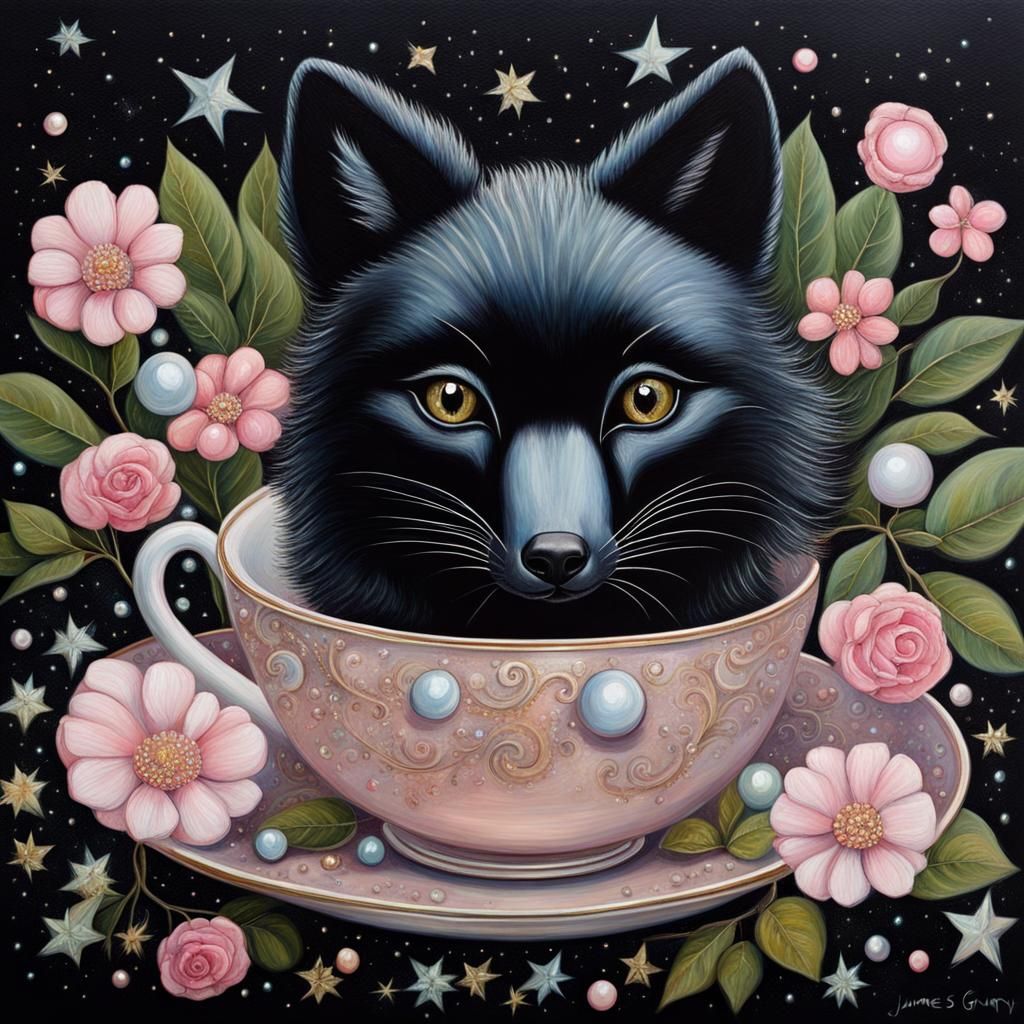 Celestial Black Fox in Oil Painting Style