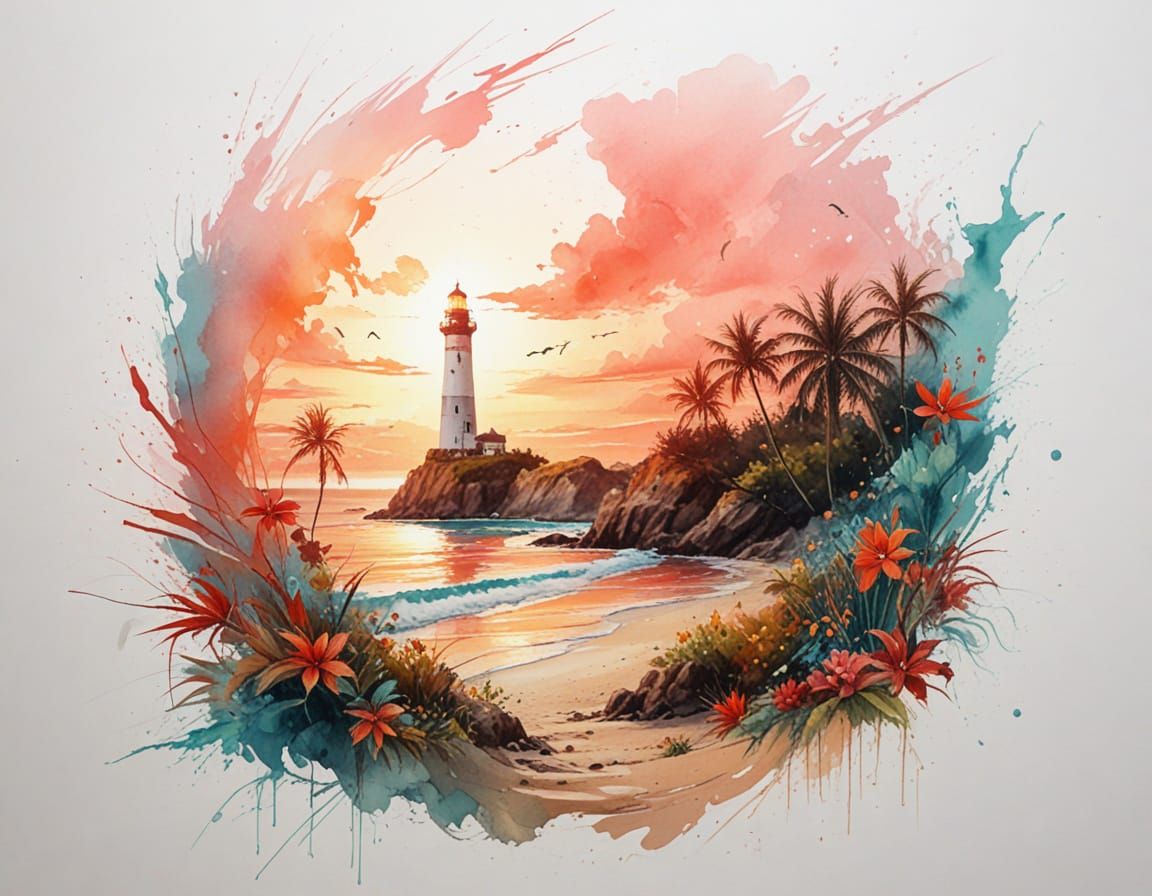 Tropical Beach Sunset With Glowing Lighthouse