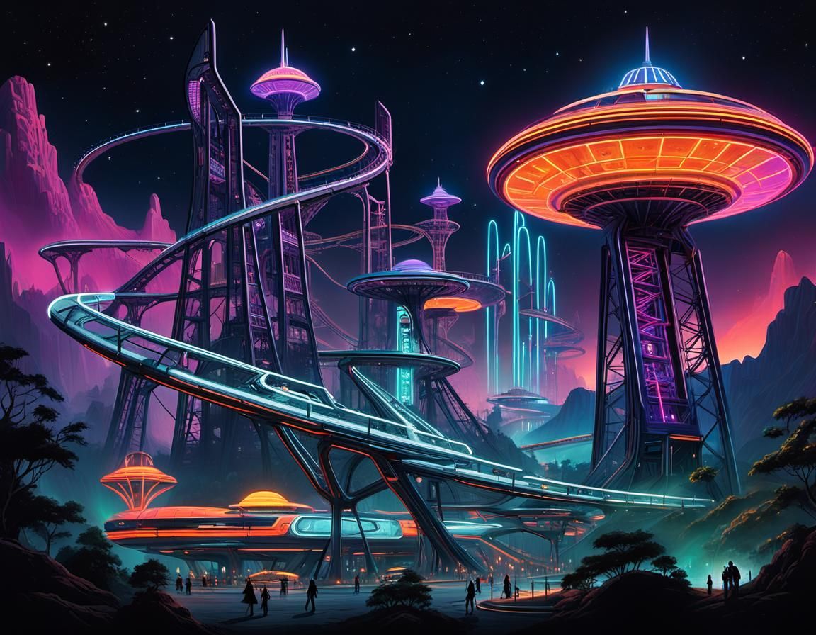 Neon Retro-Futuristic Theme Park Under Alien Skies