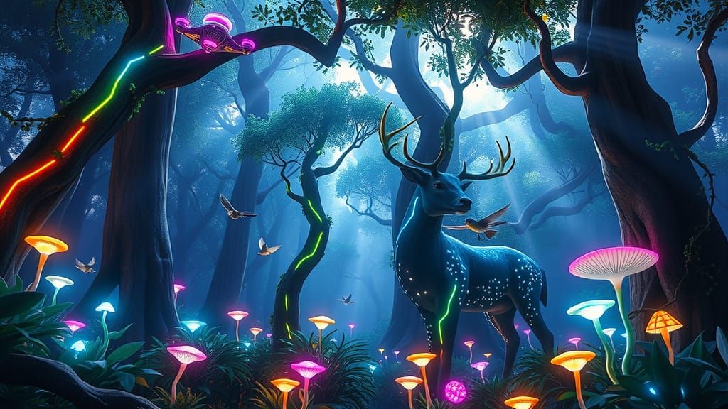 Vibrant Forests Merge with Cyberpunk Technology