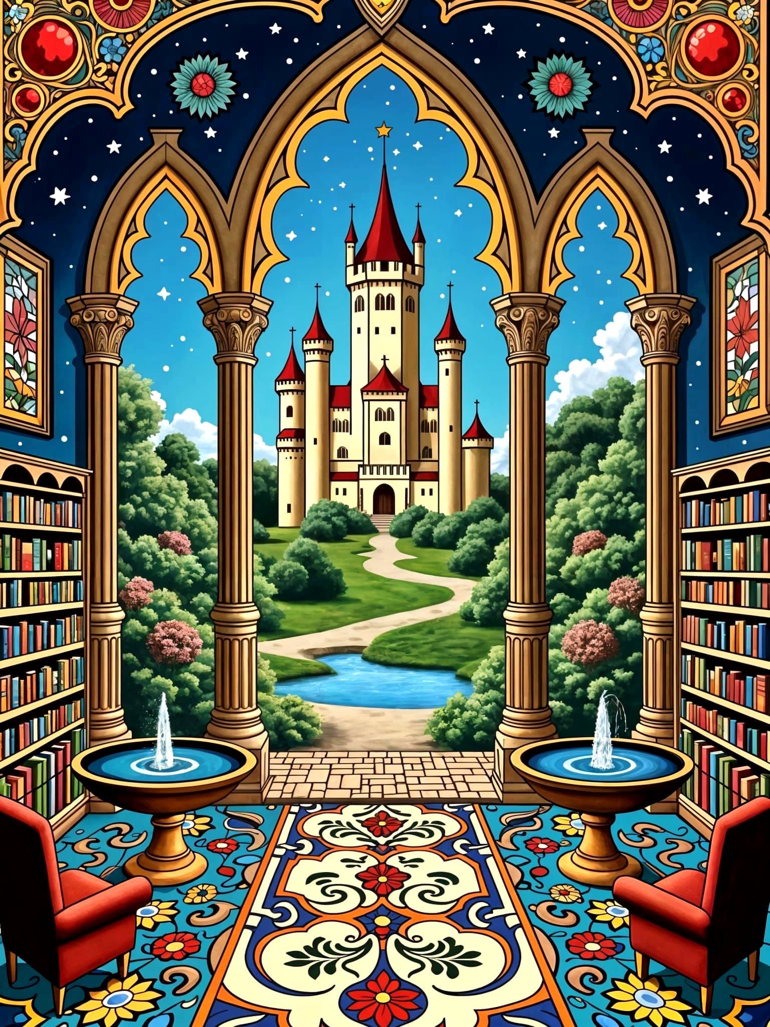 Vibrant Castle Keep in Needlepoint Art