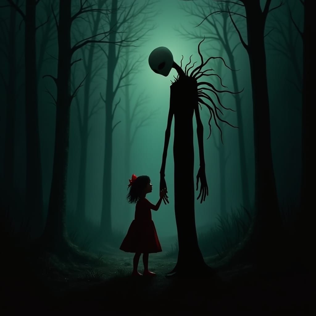 Slenderman and Girl in Dark Forest