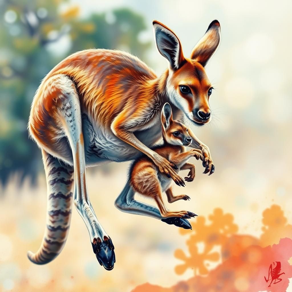 Kangaroo and Joey: Hyperrealistic Watercolor Masterpiece