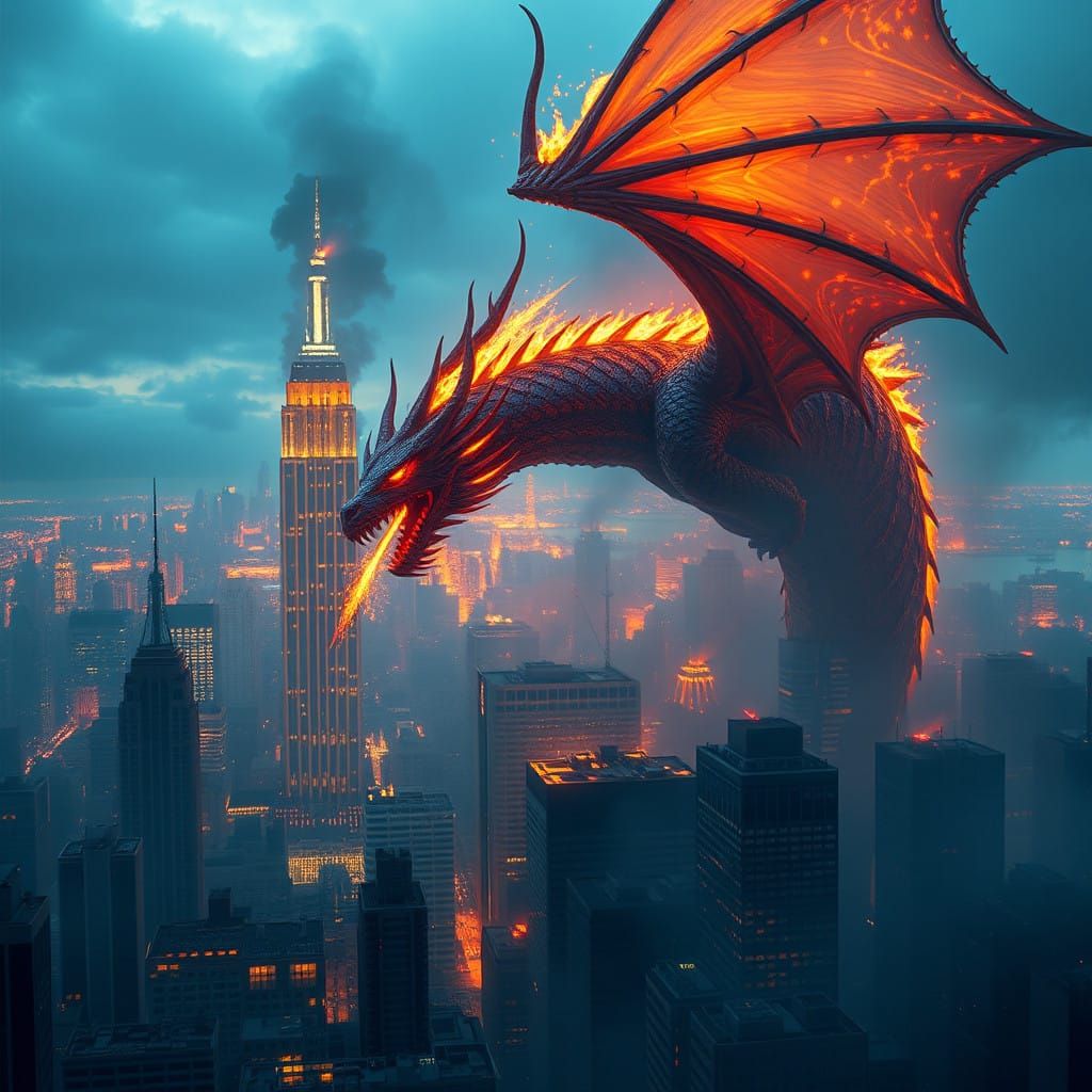 Surreal Dragon Engulfed in Inferno of New York City