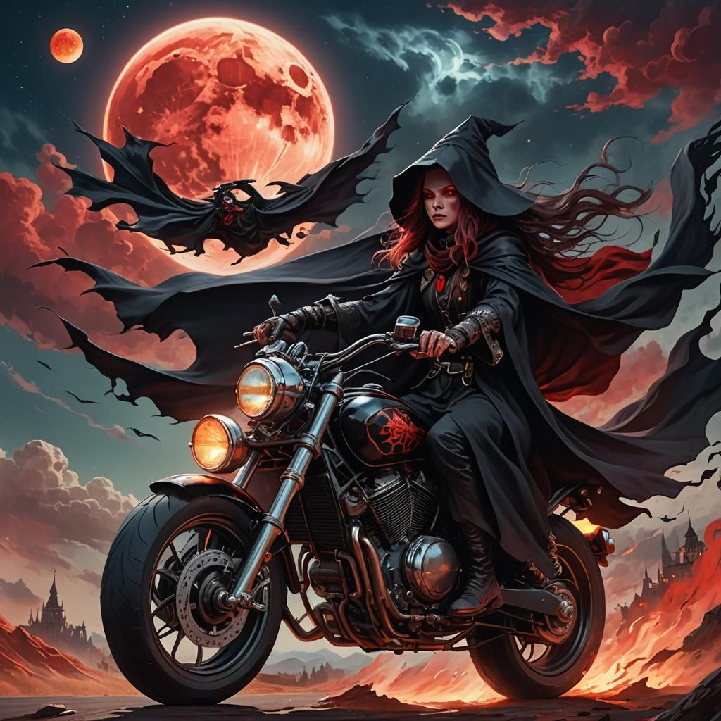 Witch Rides Motorbike Under Red Moon in Fantasy Art