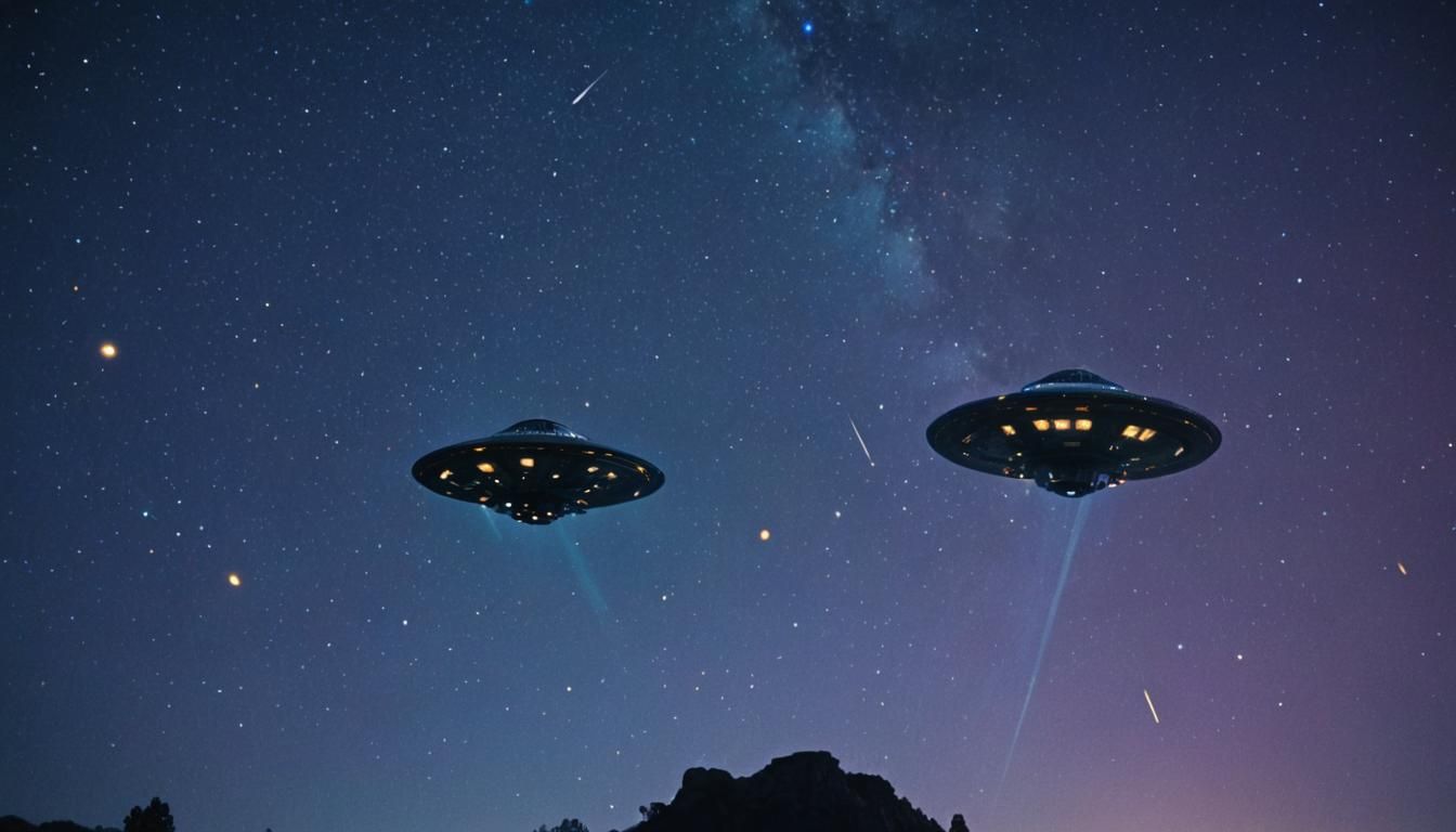 UFOs in Starry Night Sky: Cinematic Film Still