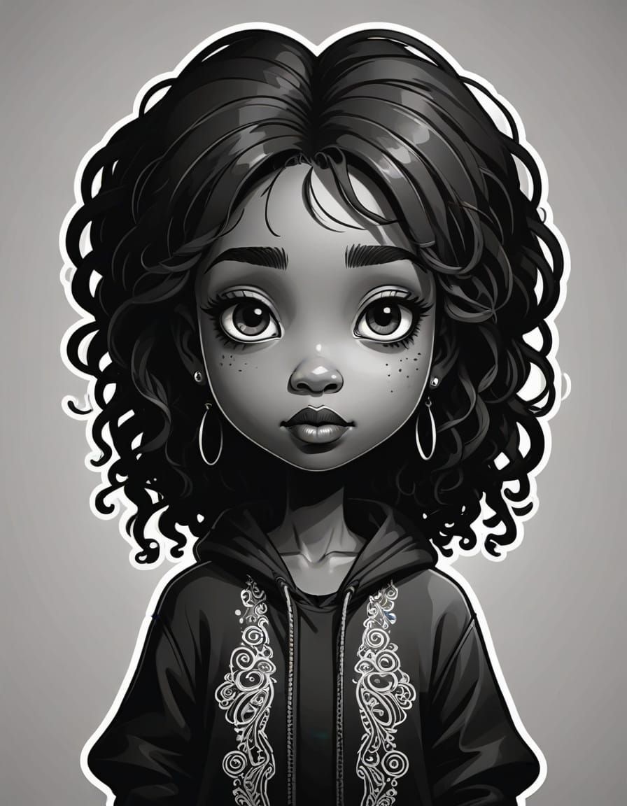 Sleek Black Girl in Black and White Cartoon Style