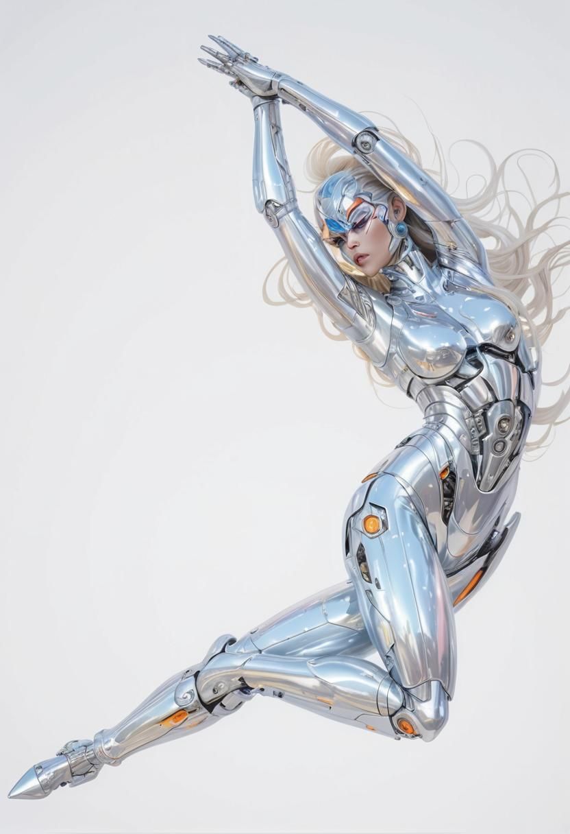 Cyborg Woman Rides Futuristic Motorcycle in Sorayama Style