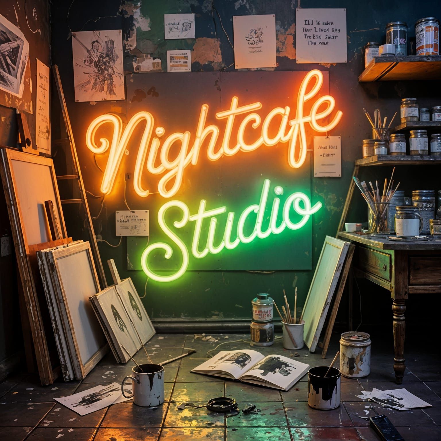 Neon Signs Glow in Atmospheric Artist's Studio