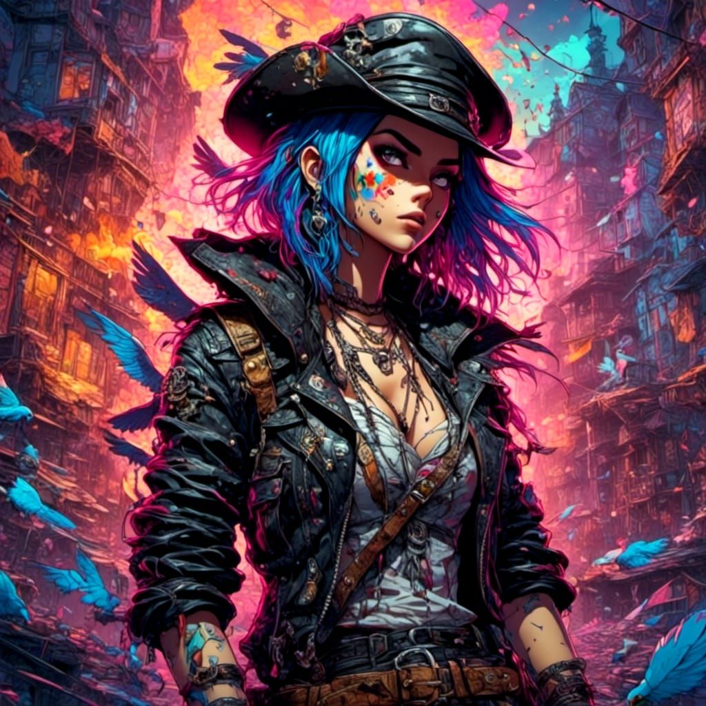 Powerful Pirate Woman with Parrot in Graffiti Art Style