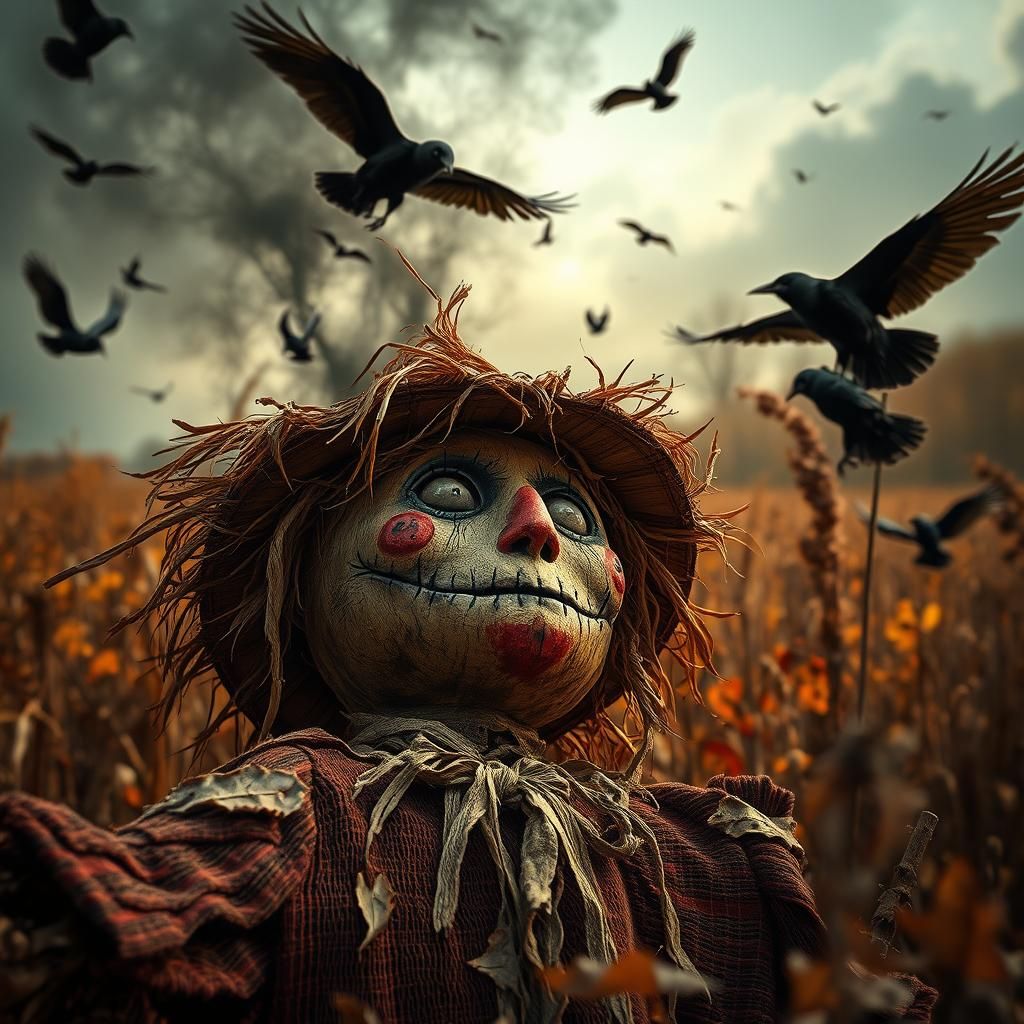 Hyperrealistic Scarecrow in Autumn Harvest Scene