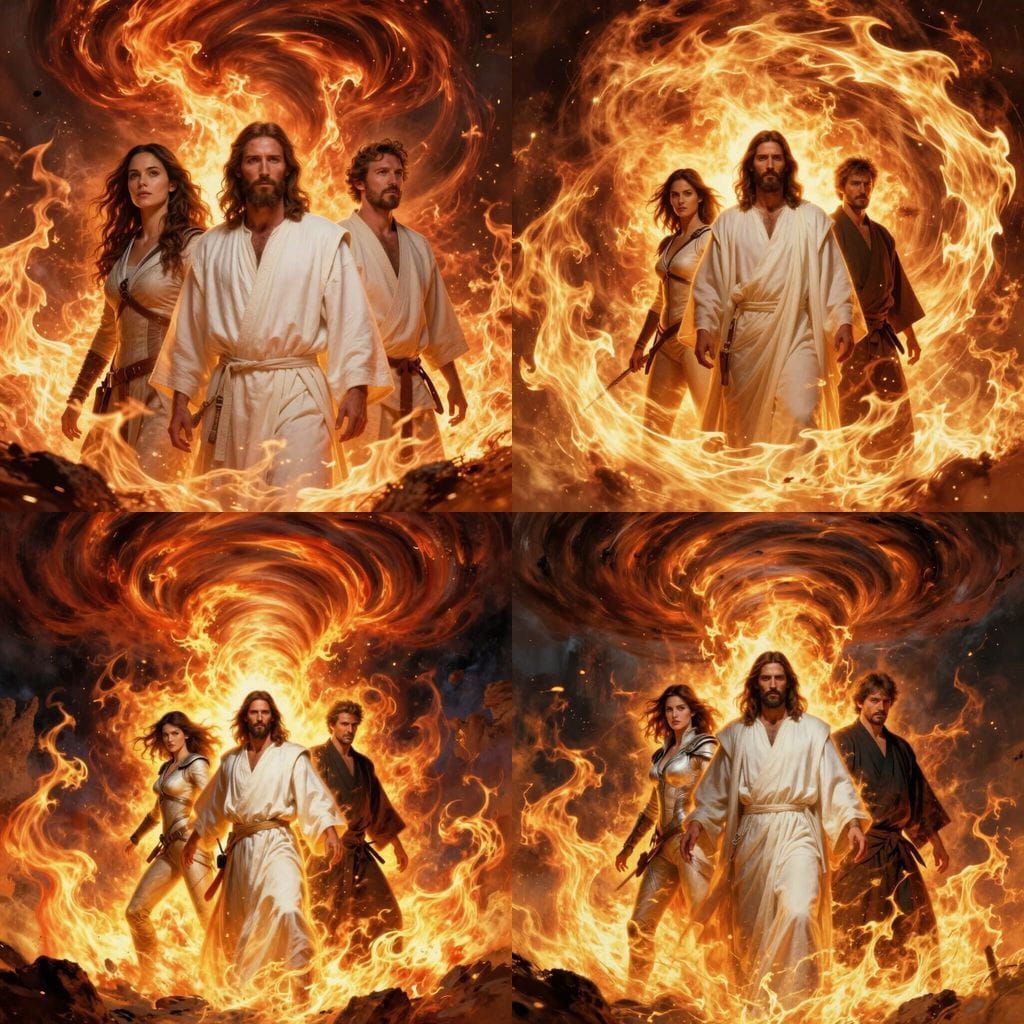 Warrior, Jesus, and Sensei in Tornado of Flames