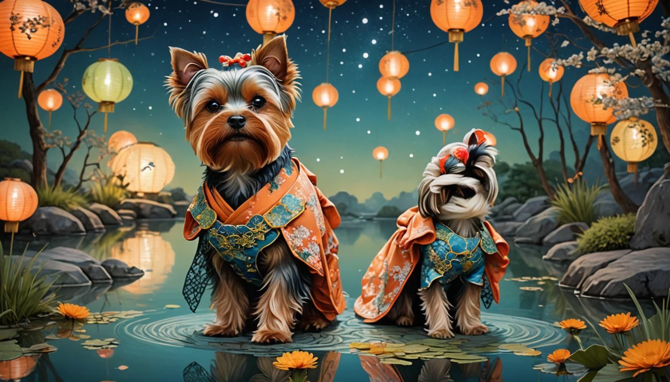 Yorkshire Terrier Geisha Portrait in Lace Art Style